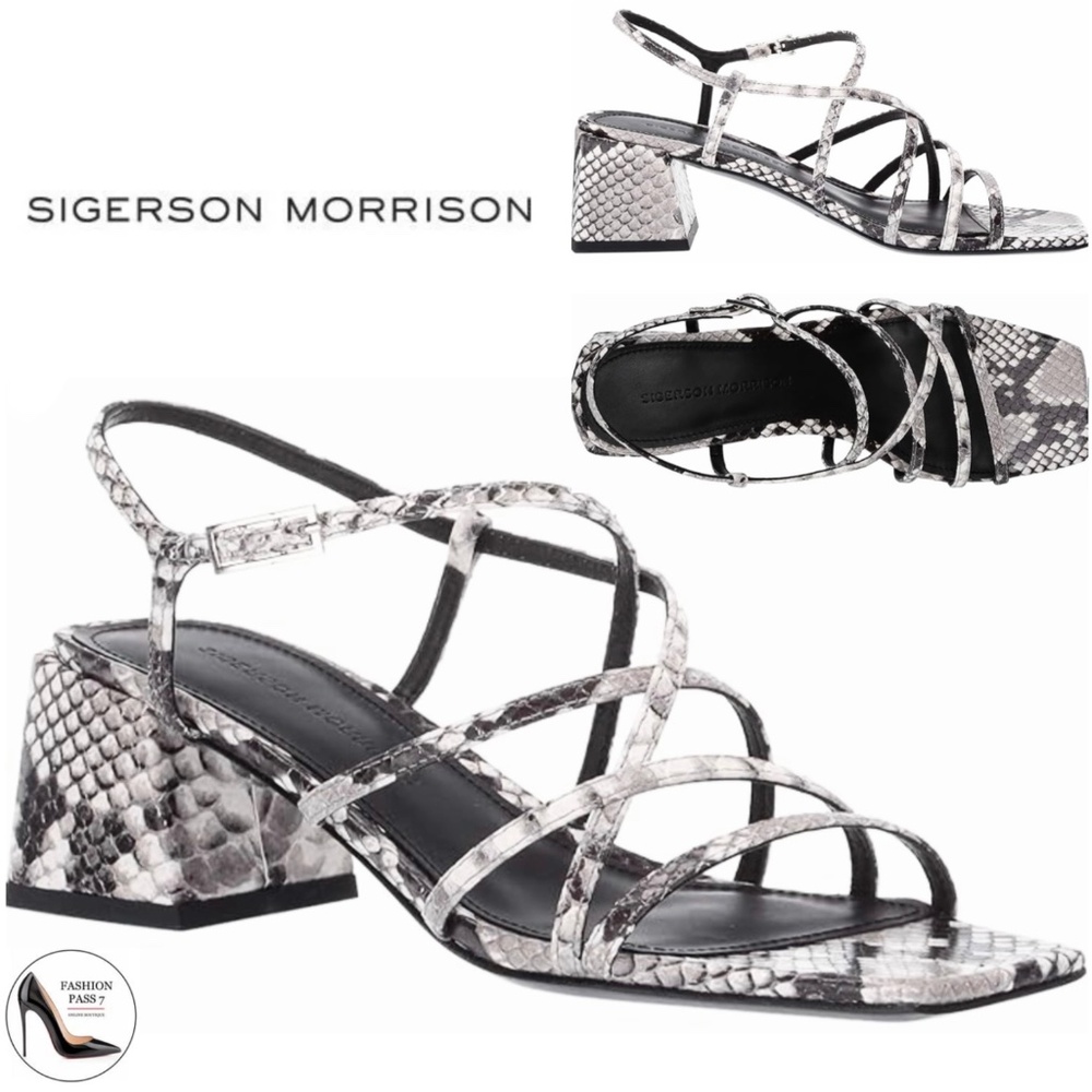 Sigerson Morrison Ellia Gray Snake Leather Ankle Strap Heeled Sandals Pumps 38